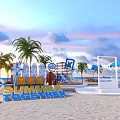 Summer Together Beach Scene With Blue White Umbrellas Palm Trees And Seating