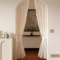 Elegant Interior With Beige Curtains Lace Trim Decorative Painting And Wall Shelf