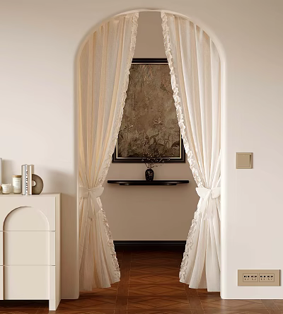 Elegant Interior With Beige Curtains Lace Trim Decorative Painting And Wall Shelf 3d model