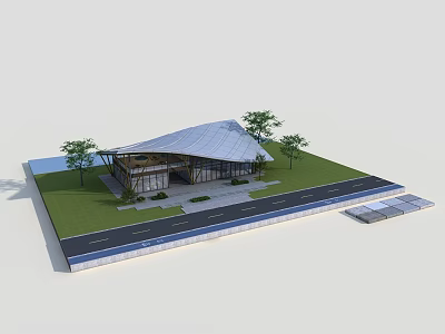 Modern Contemporary Building Model Featuring Unique Roof Design Green Lawn Trees And Asphalt Road 3d model