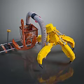 Sci Fi Game Movie Character With Yellow Mechanical Claw Rusted Metal Structure And Pipes