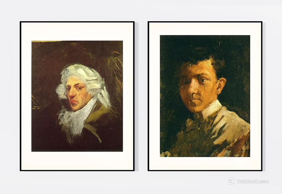 Two Framed Portrait Paintings Featuring Elderly White Haired Man And Young Male 3d model 