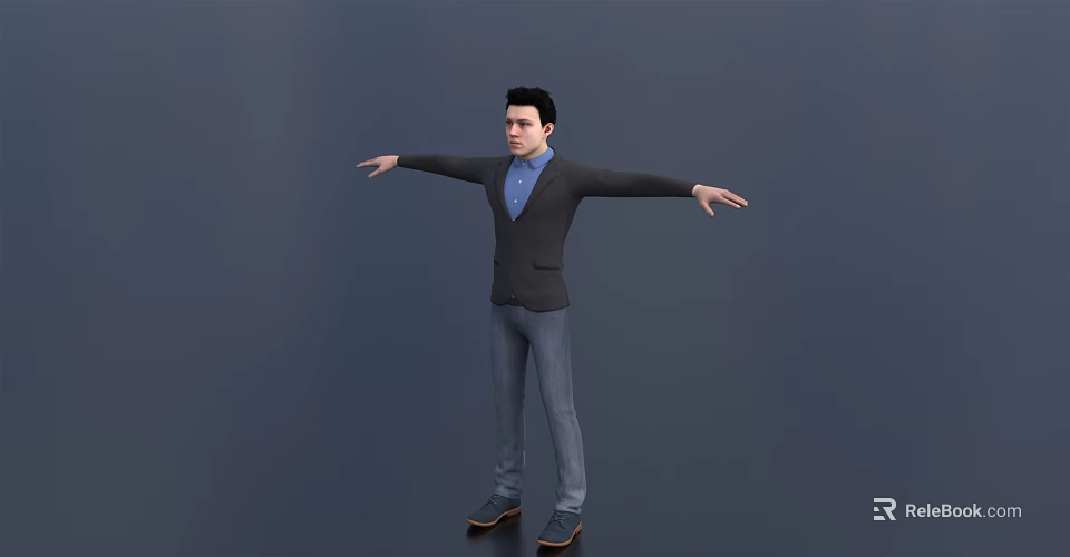 A Man Wearing Dark Blazer Blue Shirt Gray Pants With Arms Outstretched On Gray Background 3d model 