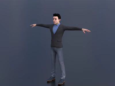 A Man Wearing Dark Blazer Blue Shirt Gray Pants With Arms Outstretched On Gray Background 3d model