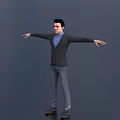 A Man Wearing Dark Blazer Blue Shirt Gray Pants With Arms Outstretched On Gray Background