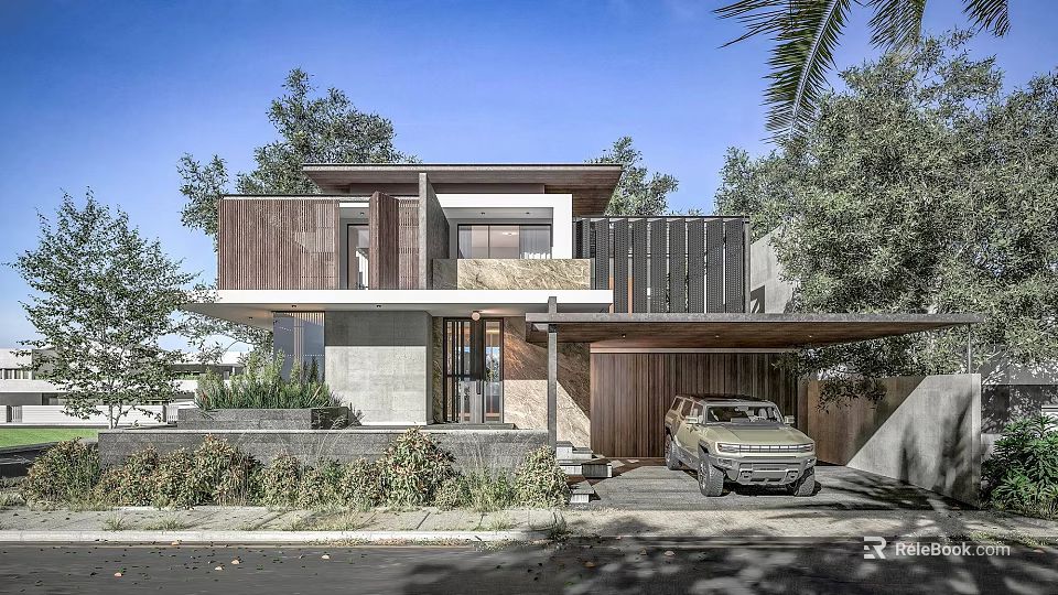 Modern Detached Villa Exterior With Wooden Facade Concrete Structure Garage And Lush Trees 3d model 