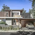 Modern Detached Villa Exterior With Wooden Facade Concrete Structure Garage And Lush Trees