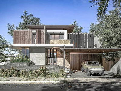 Modern Detached Villa Exterior With Wooden Facade Concrete Structure Garage And Lush Trees 3d model