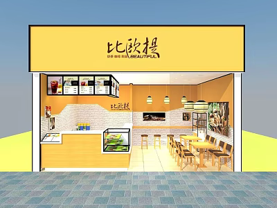Biboti Milk Tea Shop With Yellow Signage Modern Interior Counter Display Case And Tables 3d model