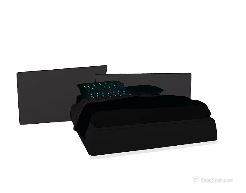 Modern Double Bed With Black Headboard And Black Bedding Decorative Pillows 3d model 