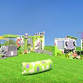 Bright Outdoor Space With Green Grass Purple Green Flower Patterned Cushions And Banners