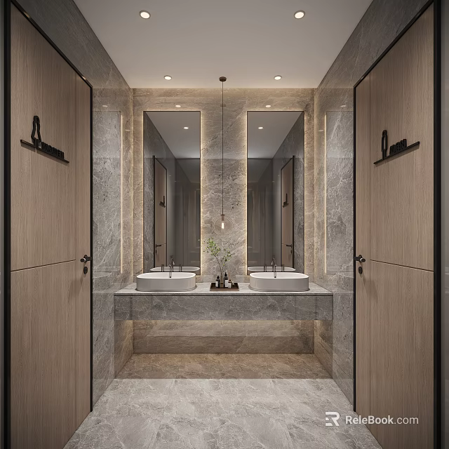 Modern Public Restroom Design With Marble And Double Sinks 3d model 