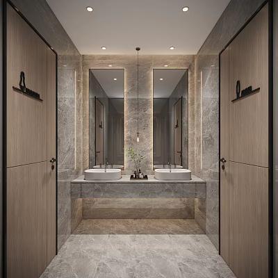 Modern Public Restroom Design With Marble And Double Sinks 3d model