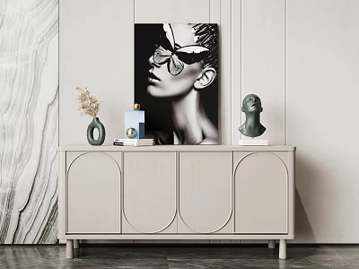 Light Colored Entryway Console Table With Arched Doors And Decor Items On Marble Wall 3d model