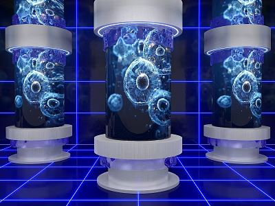 Futuristic Photo Check-in Spot Featuring Transparent Cylinders Blue Glowing Microbe Patterns And Tech Background 3d model