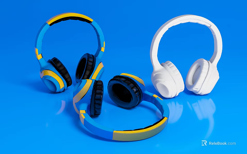 Stylish Over Ear Headphones Blue Yellow Striped and White with Sleek Design on Blue Background 3d model 