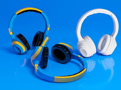 Stylish Over Ear Headphones Blue Yellow Striped and White with Sleek Design on Blue Background 3d model