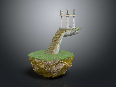 Cartoon Floating Island Scene With Green Grass Stone Stairs Columns And Statues 3d model