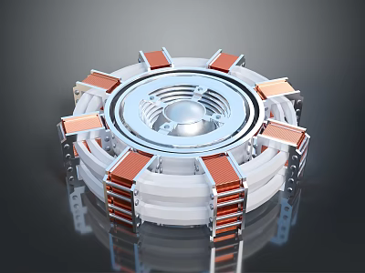 Circular Mechanical Device With Silver Copper Components Central Hub And Red Strips 3d model