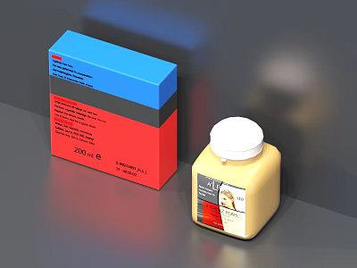 Small Essential Bathroom Accessories With Yellow Bottle And Colorful Packaging 3d model