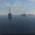 Vintage Warships Sailing On Calm Sea With Cloudy Sky And Reflections