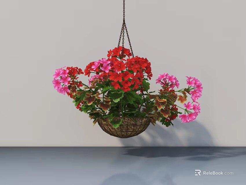 Hanging Basket Plants with Red and Pink Flowers and Green Leaves in Indoor Space 3d model 