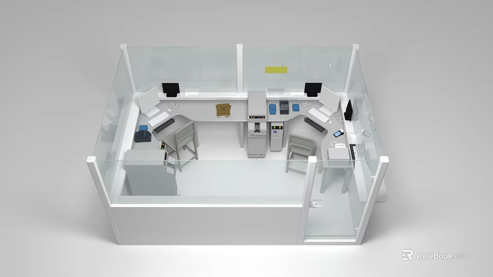 Modern Station Ticket Counter Interior With Transparent Glass Workstations Computers And Printers 3d model 