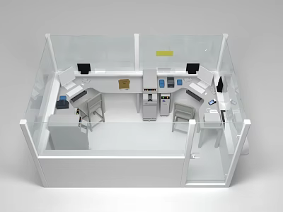 Modern Station Ticket Counter Interior With Transparent Glass Workstations Computers And Printers 3d model