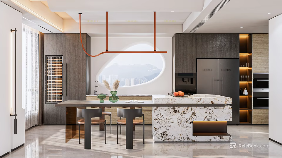 Modern Open Restaurant Kitchen Interior Design With Island Counter And Cabinets 3d model