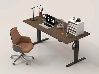 Height Adjustable Wooden Desk With Laptop Desk Lamp Clock Storage Organizer And Ergonomic Chair 3d model