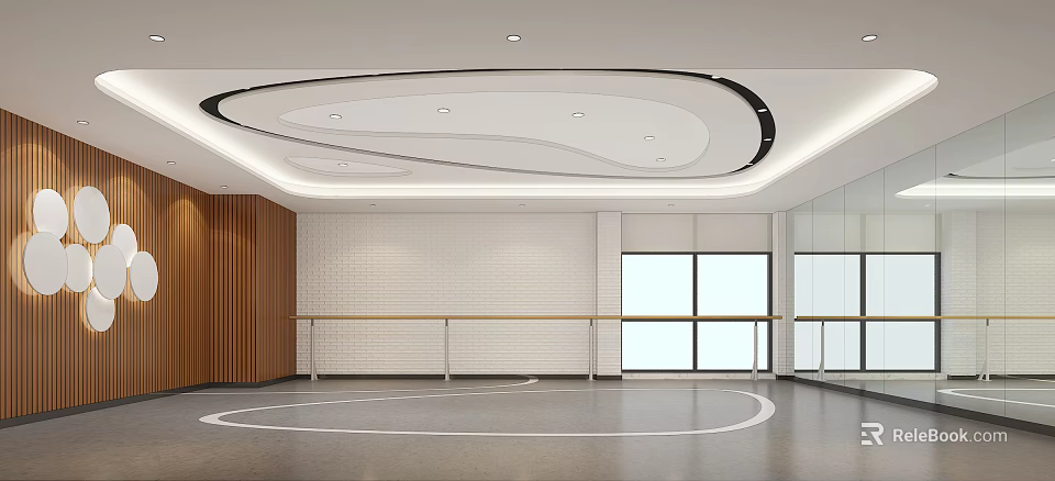 Spacious Dance Fitness Studio With Curved Ceiling Barre Circular Floor Lines And Large Windows 3d model 