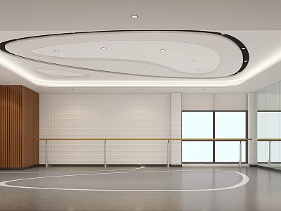 Spacious Dance Fitness Studio With Curved Ceiling Barre Circular Floor Lines And Large Windows 3d model