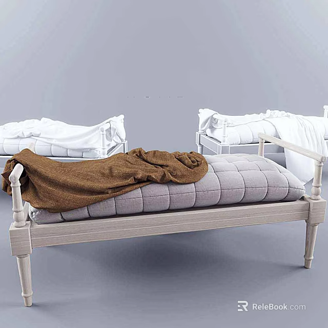 Cozy Ottoman With Light Wooden Frame Gray Padded Cushion And Soft Brown Blanket 3d model 