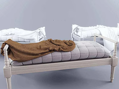 Cozy Ottoman With Light Wooden Frame Gray Padded Cushion And Soft Brown Blanket 3d model