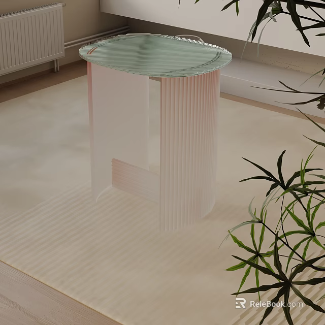 Modern Ribbed Transparent Bedside Table With Green Plant In Minimalist Interior 3d model 