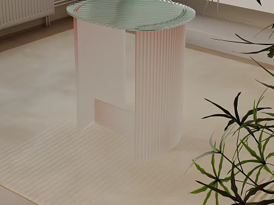 Modern Ribbed Transparent Bedside Table With Green Plant In Minimalist Interior 3d model