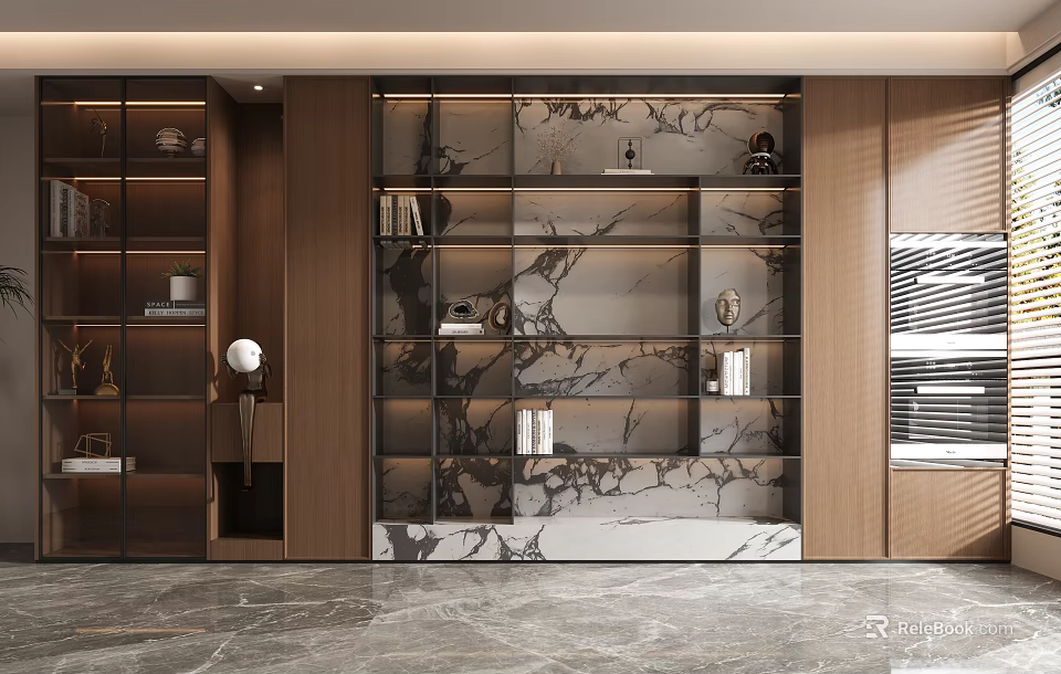Modern Luxury Bookcase With Wooden Frame Glass Doors And Marble Texture 3d model 