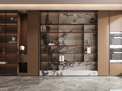 Modern Luxury Bookcase With Wooden Frame Glass Doors And Marble Texture 3d model
