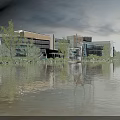 Modern Residential Landscape With Water Reflections Green Trees And Cloudy Sky