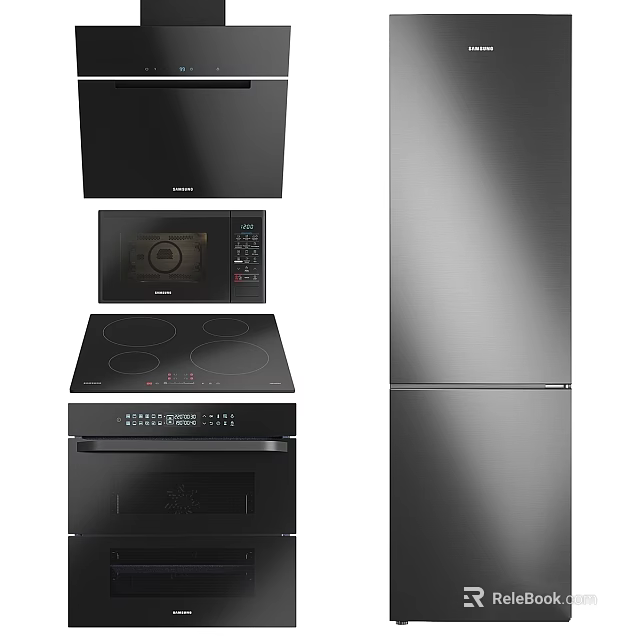 Modern Stainless Steel Kitchen Appliances With Range Hood Induction Cooktop Oven And Refrigerator 3d model 