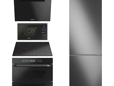 Modern Stainless Steel Kitchen Appliances With Range Hood Induction Cooktop Oven And Refrigerator 3d model