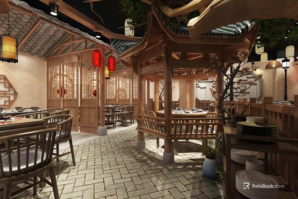Traditional Chinese Restaurant Interior With Wooden Pavilion Carved Screens Red Lanterns And Stone Tile Floor 3d model 