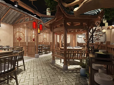 Traditional Chinese Restaurant Interior With Wooden Pavilion Carved Screens Red Lanterns And Stone Tile Floor 3d model