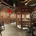 Traditional Chinese Restaurant Interior With Wooden Pavilion Carved Screens Red Lanterns And Stone Tile Floor