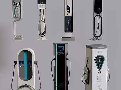 Various Modern Electric Vehicle Charging Stations With Different Designs And Interfaces 3d model
