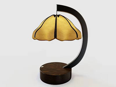 Elegant Modern Table Lamp With Yellow Fabric Shade Black Curved Frame And Wooden Base 3d model