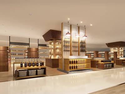 Elegant Wine Specialty Store Interior Featuring Displayed Bottles Wooden Shelves And Soft Lighting 3d model