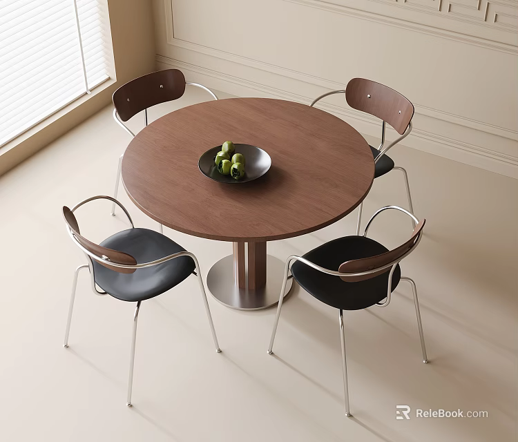 Modern Round Wooden Dining Table and Chairs with Black Bowl Green Fruits Metal Legs Minimalist 3d model 