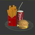 Cheeseburger With Sesame Bun Red Packaged French Fries And Coca Cola Drink With Straw On Paper Plate