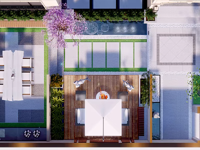 Garden Landscape Design With Patio Dining Table Purple Flowering Tree And Water Feature 3d model